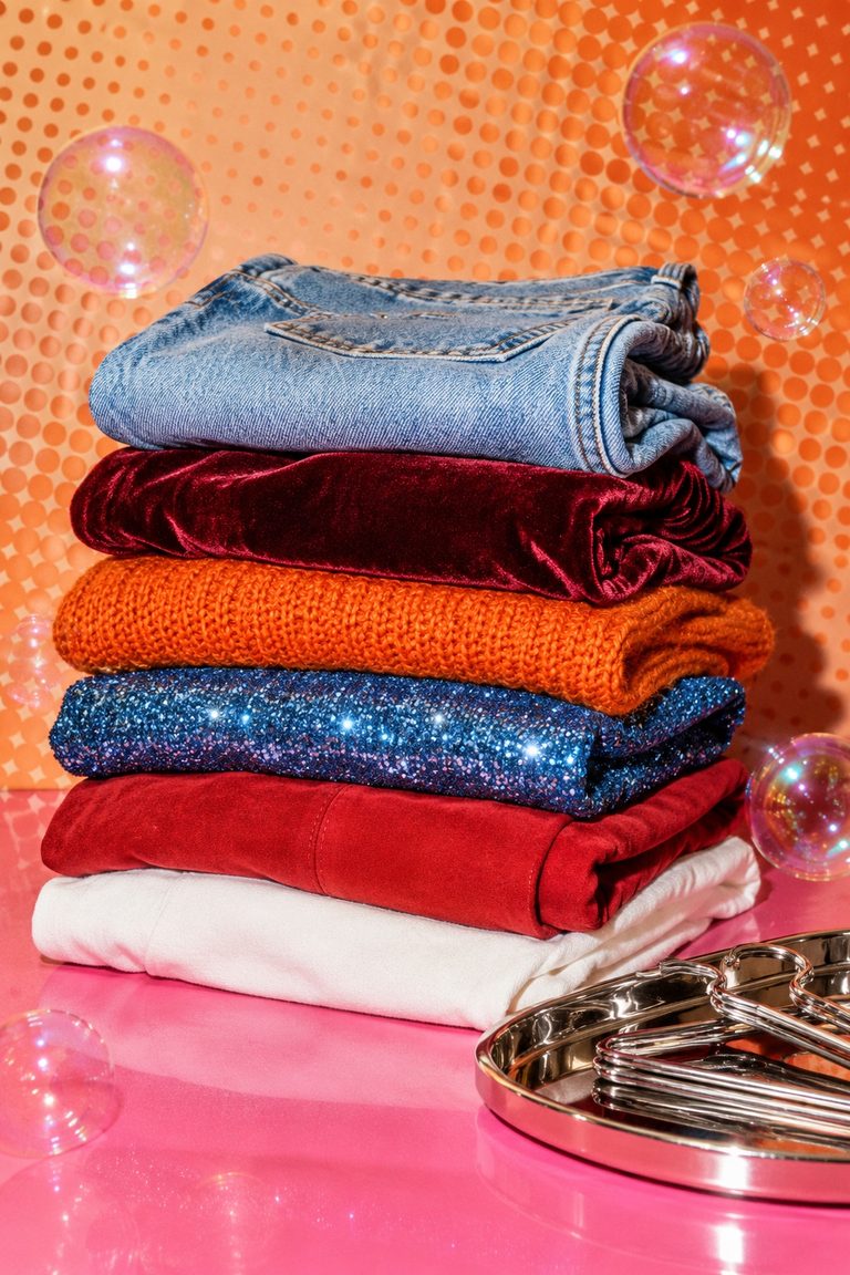 Pile de vêtements vintage pliés sur fond rose bonbon et trame pêche
