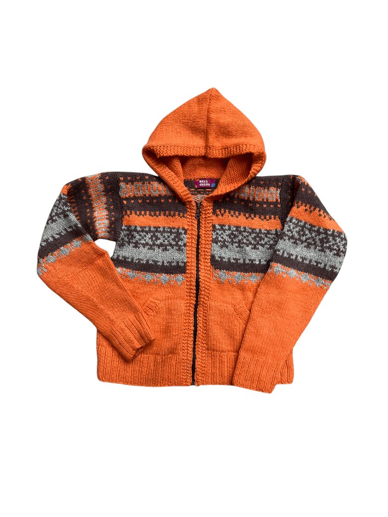 Veste en tricot orange à capuche, motif jacquard